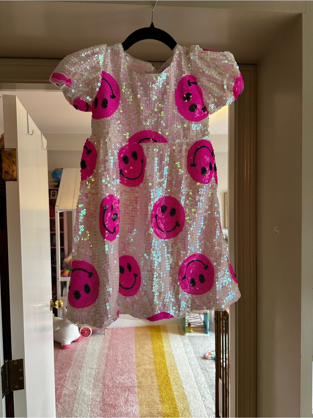 Lola + The Boys White Sequin Dress with Hot Pink Smiley Faces